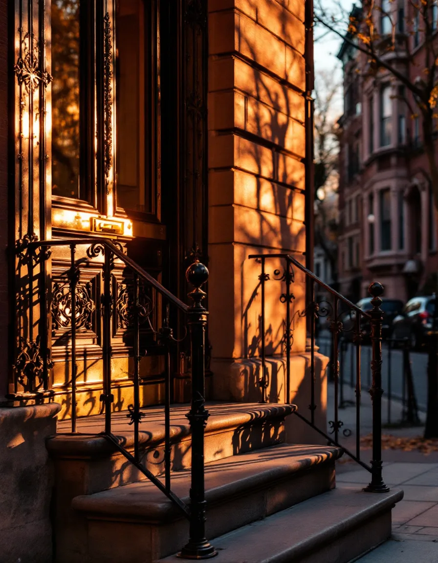 A wrought-iron gate and brownstone stoop on a New York street at golden hour, railing shadows stretching across the steps